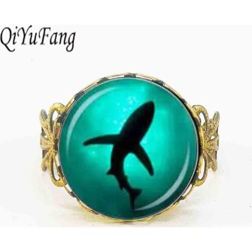 Qiyufang jewelry Shark Glass Dome Ring Fashion DIY Sea Marine leather Rings Charms Trendy Animal Gift