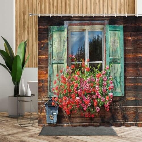 Pastoral Retro Window Scenery Shower Curtain Country Town Street View Plant Garden Wall Decor Waterproof Bath Curtains With Hook