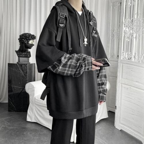 Streetwear Vintage Hoodie Women Oversized Sweatshirt Punk Long Sleeve Patchwork Pullovers Korean 2021 Grunge Plaid Splice Hoody
