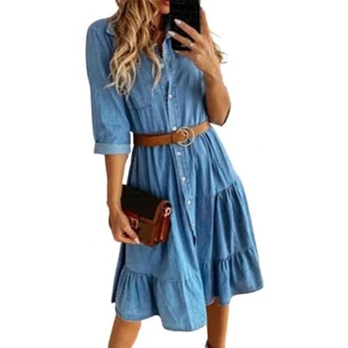 Denim Dress Three Quarter Sleeve Turn-down Collar Buttons Ruffle Denim Dress for Work Womens Clothing 2021 Casual Dress xxxl