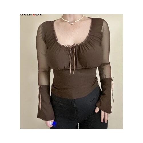 Women Long Sleeve Cropped Blouses Flared Mesh Patchwork Slim Fit Elegant Transparent Retro Spring Skinny Clothing Basic Tees