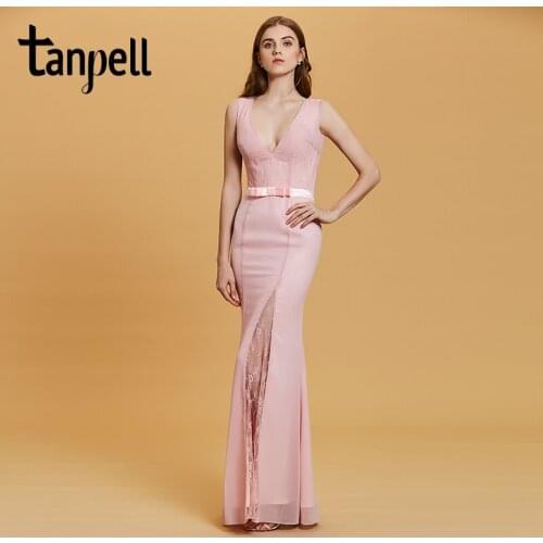 Tanpell split front evening dress pink v neck sleeveless floor length mermaid gown women party formal long lace evening dresses
