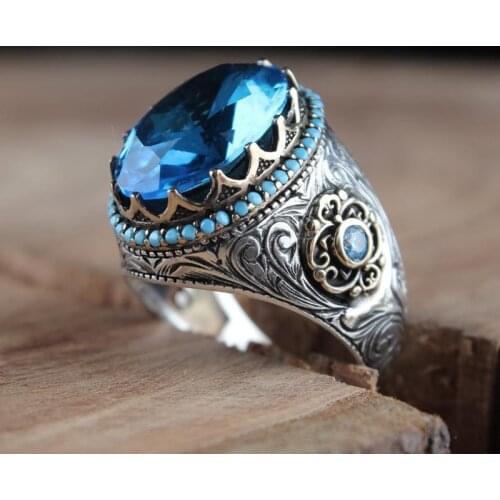 Luxury Antique Women Ring Boho Vintage Big Sky Blue Oval CZ Ring For Women Fashion Ethnic Wedding Band Jewelry Size 6-10