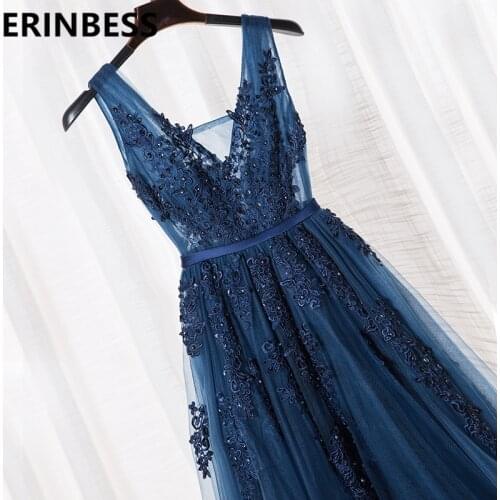 Vestido De Festa V Neck Cap Sleeve Vintage Lace Appliques Beaded Navy Blue Bridesmaid Dresses Women Formal Party Gowns