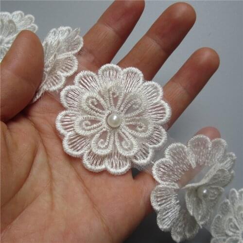 10x Cream Polyester Pearl Flower Embroidered Lace Trim Ribbon Fabric Patchwork Sewing Supplies Craft For Clothes Decoration 5cm