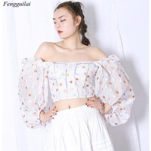 2021 Summer New Polk Dot Print Exaggerated Lantern Sleeve Sexy Open Back Lace Up Short Shirt Womens Wear
