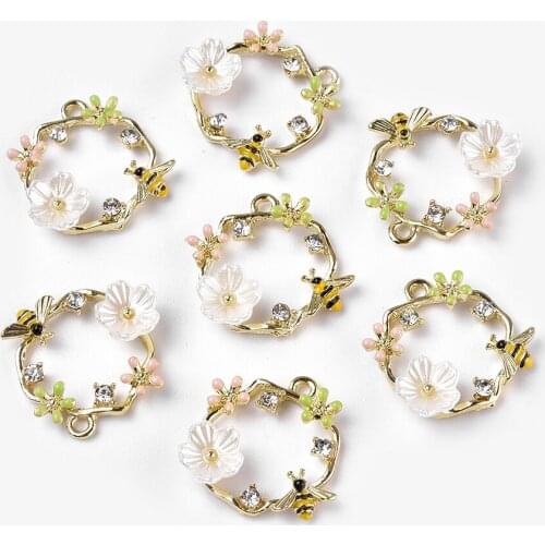 5pcs Alloy Enamel Pendants Acrylic Rhinestone Ring Flower and Bee Charms For DIY Jewelry Making , 20x21x5mm, Hole: 1.6mm