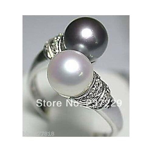 FREE SHIPPING>>>@@ Wholesale price S ^^^^Hot Sell! Real Black White Freshwater Pearl Silver Ring Size:7 8 9