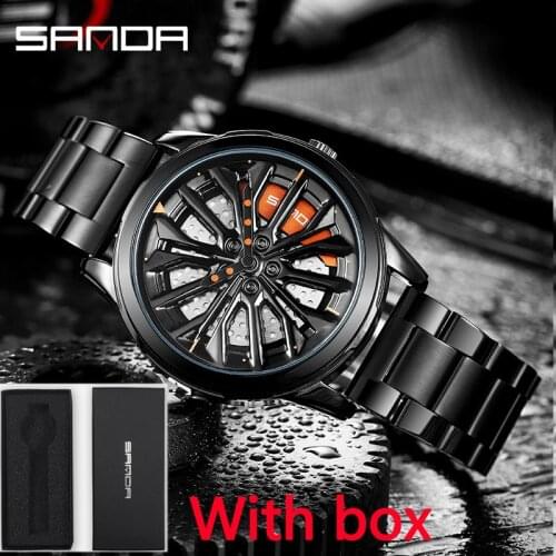 SANDA New Mens Watches Design Sport Car Wheel Watch Waterproof Rim Hub Creative Rotating dial Quartz Watches Relogio Masculino