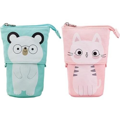Transformer Stand Store Pencil Holder Canvas Telescopic Pencil Cases Cartoon Zipper Pencil Pouch Dual-Use Stand Pen Case