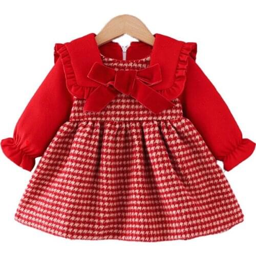 Baby Kids Girls Dress Long Sleeve Plaid Patchwork Princess Dress bow lace Clothes Toddler Kids Dresses