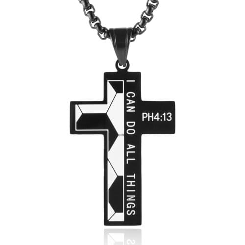 HZMAN Basketball Football Soccer Cross Pendant, I CAN DO All Things Strength Bible Verse Stainless Steel Necklace