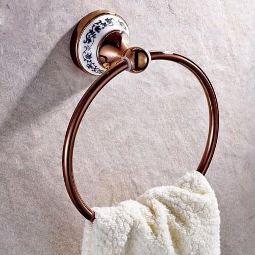 Copper Bathroom Towel Ring/Rack Antique Brass Bath Hardware Rose Gold/Black Ceramics Base Nail Punched Wall Mounted Round Type