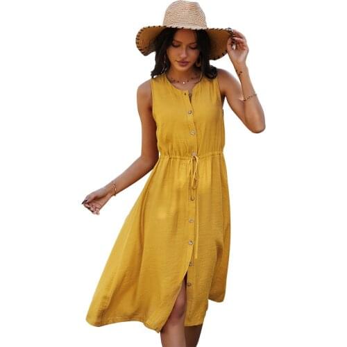 Boho Casual Solid Lace Up Midi Dress Women Summer 2021 New O-neck Loose Dresses For Women Black Sleeveless Sandy Beach Vestidos