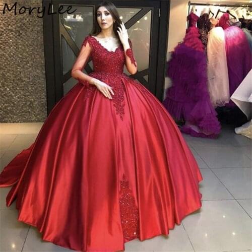 Prom Dresses Ball Gown Long Sleeves V-Neck Satin Lace Crystal Prom Dresses With Lace Up Back vestidos de fiesta de noche