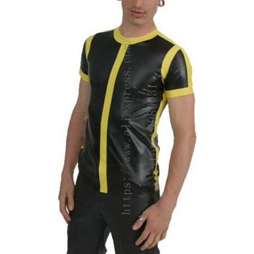 Casual style cool black mens short sleeve latex t-shirt with yellow trims decorations