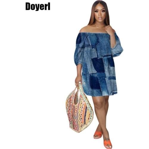 Casual Off Shoulder Ladies Summer Dress 2021 Korean Fashion Style Mini Beach Party Dress Vestidos Denim Printed T Shirt Dress