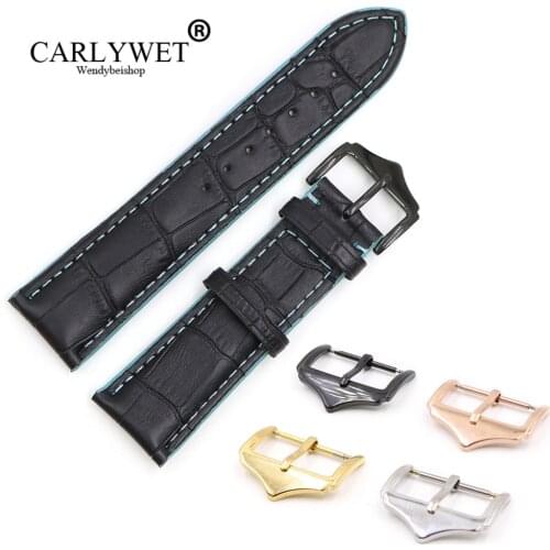 CARLYWET 18 20 22mm Black Real Calf Leather Replacement Wrist Watch Band Strap With Blue Stitches Silver Color Polished Buckle