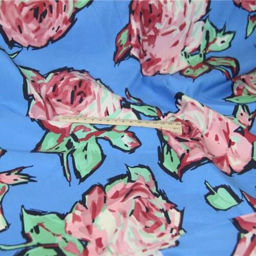 Silk/Cotton Retro Elegant BLUE Pink Big Rose Flower Very Thin Smooth Fabric 20m/m for Handmade Summer Clothes Dress Shirt Blouse