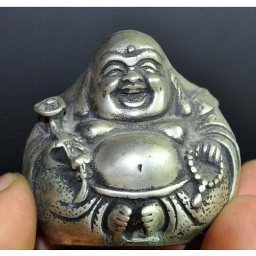 Old Tibet Chinese buddhism silver ruyi happy laugh Maitreya Buddha lucky statue