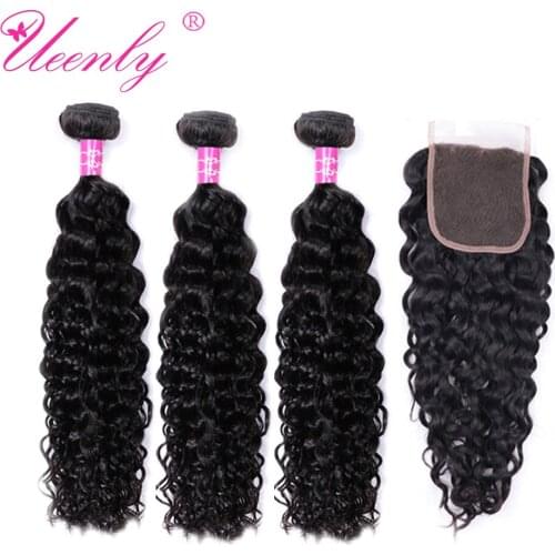 UEENLY Water Wave Bundles With Closure Remy Human Hair Bundles With Closure Peruvian Hair Bundles With Closure