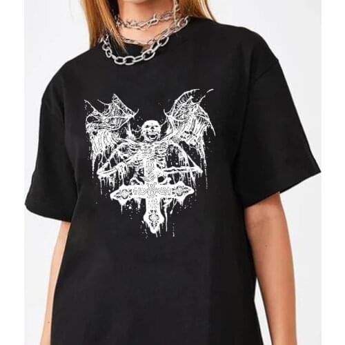Gothic womens T-shirt dark bat print loose O-neck top summer new fashion casual vintage Harajuku graphic grunge punk T-shirt