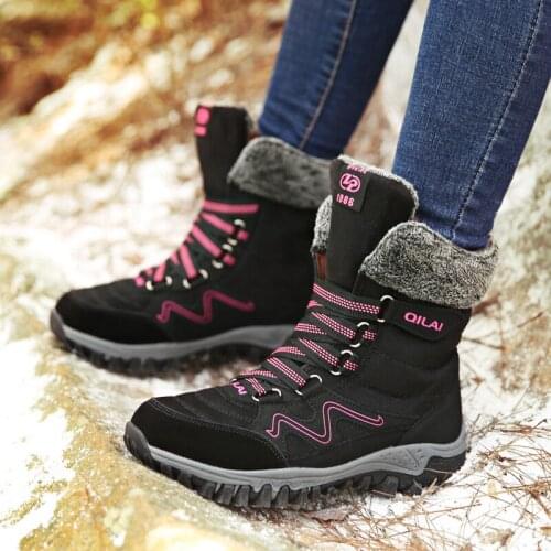 Women Winter Snow Boots Warm Flat Plus Size Platform Lace Up Flock Fur Suede Ankle Boots Female Booties Woman Shoes Black Boots