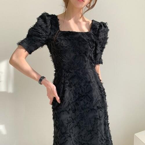 South Korea Chic Dress Light Ripe Wind Square Collar Dress Woman Backless Tassel Waist Closed Slim Bubble Sleeve Part Dress