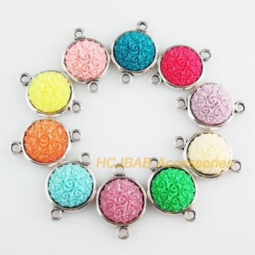 10 New Flower Charms Tibetan Silver Tone Retro Mixed Round Resin Connectors 14x20.5mm