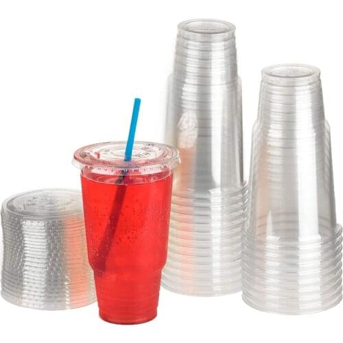 32oz ( 900ml ) 50 sets Clear Plastic Cups With Flat Lids And Straws