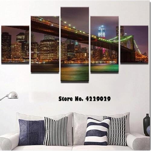 5 Panel City night Scenic 5d diy Diamond Embroidery sale Full drill Round square Diamond Painting Night view bridge Home Decor