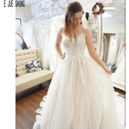 E JUE SHUNG Shiny Beach Wedding Dresses Spaghetti Strap Backless Appliques Wedding Gowns Custom Made A-Line Bridal Dresses
