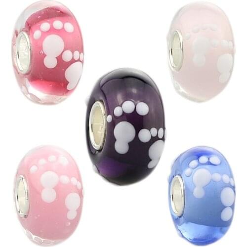 Emith Fla 100% 925 Sterling Silver Large Hole Footprint Murano Glass European Charm Beads Fit Brand Bracelet Jewelry 6 Colors