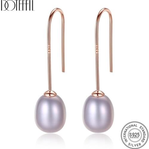 DOTEFFIL 8mm White/Pink/Purple Natural Pearl 925 Sterling Silver Gold Earrings For Women Wedding Engagement Jewelry
