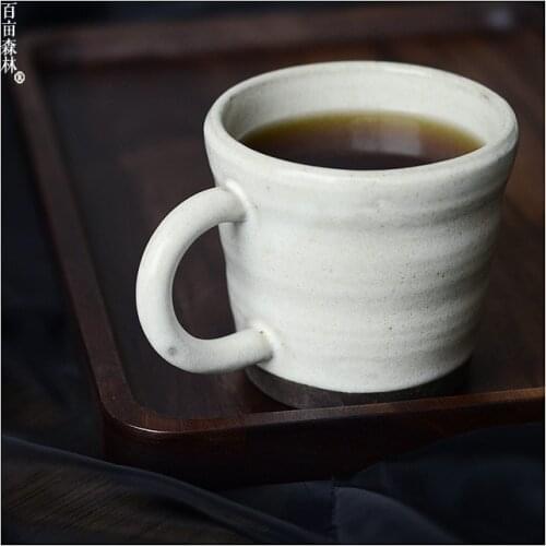 Japanese-Style Coarse Pottery Nordic Simple Handmade Mug Tea Cup Handle Cup Retro Effect Gray White 280ML