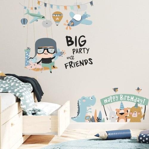 Cartoon Childrens Birthday Wall Stickers for Kids Room Bedroom Living Room Wall Decoration Self Adhesive Eco-friendly Mural