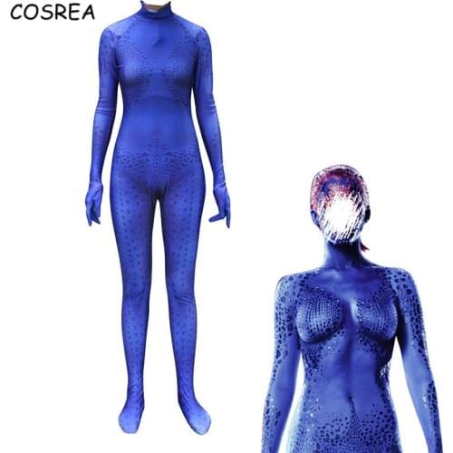 Movie X-Men Raven Darkholme Mystique Costume Cosplay Catsuit Blue Speckle Jumpsuit Bodysuit Halloween Party Suit Kids Adult