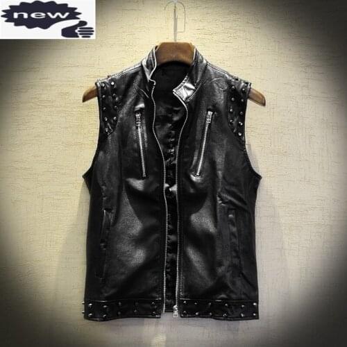 Punk Style Rivets Pu Vest Mens Slim Fit Motorcycle Biker Waistcoat Sleeveless Faux Leather Jacket Fashion Man Vests Tops