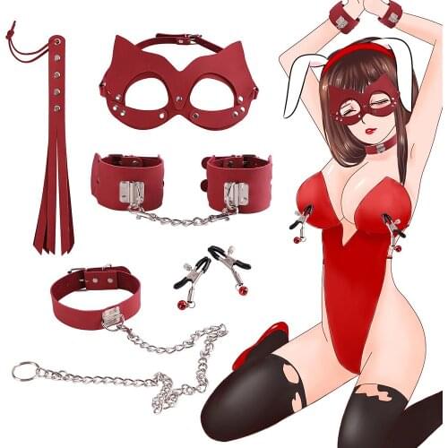 5pcs Exotic Accessories Adjustable PU Leather BDSM Sex Bondage Set Slave Games Handcuffs Whip Sex Toys for Couples