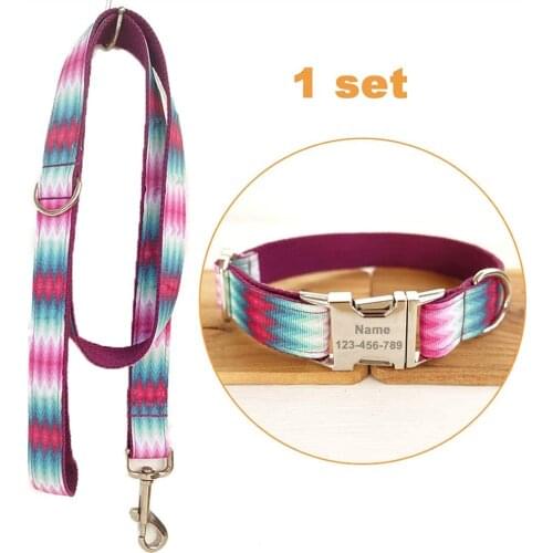 Customize Dog Collar Set Adjustable Pet Leash Rope Collar Set Print Style Premium Dog Collar Laser Engraving Peacock