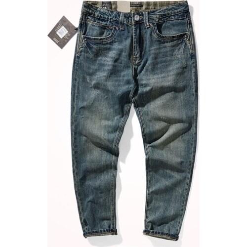 Autumn and Winter New Retro Distressed Worn Denim Jeans Washed Tapered Straight Pants Men 's American Casual Trousers