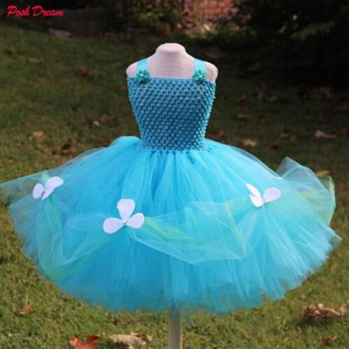 POSH DREAM Troll Princess Tutu Dress for Children Turquoise Blue Princess Cosplay Clothes for Halloween Baby Girl Birthday Dress