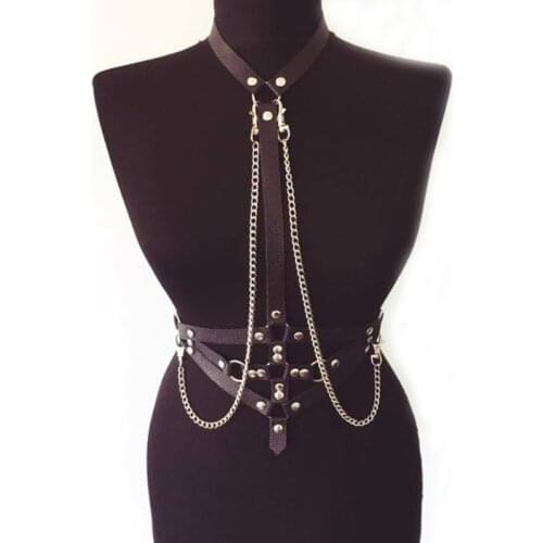 Handmade Punk Gothic Leather Chain Harness Halterneck Body Waist Belt Straps Cosplay Fetish Belt