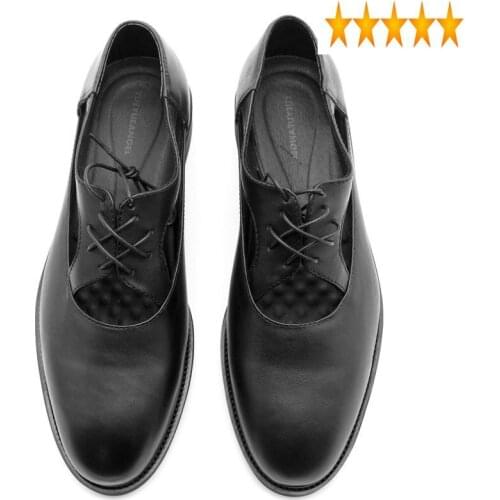 Genuine British Work Gentlemen Office Leather Summer Handmade Sandals Mens Lace Up Block Heels Hollow Out Wedding Dress Shoes