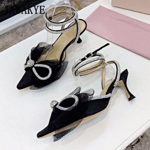 Sexy Lace Butterfly Crystal Women Sandals Pointy Toe Ankle Strap Slingback Pumps Middel Heel Party Wedding Sandalias Mujer