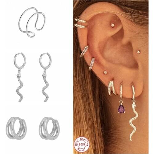 GS 925 Sterling Silver Purple Zircon Pave Hoop Earrings Mini Ball Studs Snake Charm Double Circle Cartilage Hoop Fine Jewelry