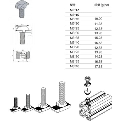 M5 M6 M8 Stainless Steel Hexagon Flange Nuts T-Slot Drop-In Stud Screw Bolt T-type Nuts Fastener For Aluminum Alloy 2020 3030 40