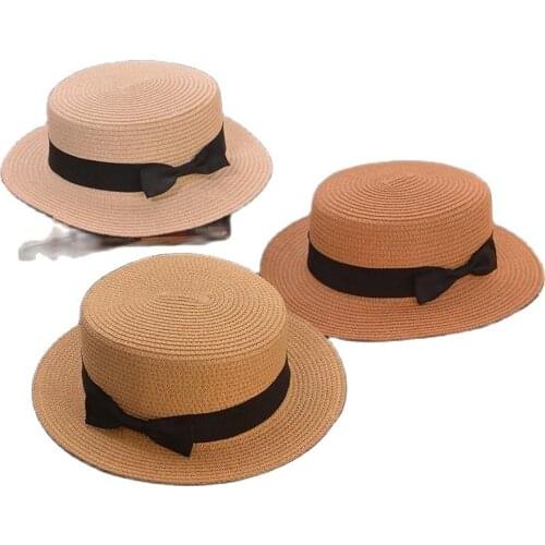 2021 The NEW Korean Summer Style Childrens Fashion Straw Hats with Black Bow Brim Boys and Flat Girls Beach Hat