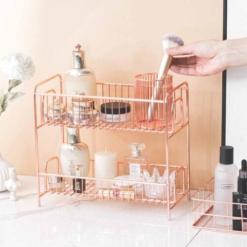 Nordic Home Living Room Bedroom Desktop Cosmetic Storage Shelf 2 Layer Storage Rack Hollow Iron Rose Gold home Organizer
