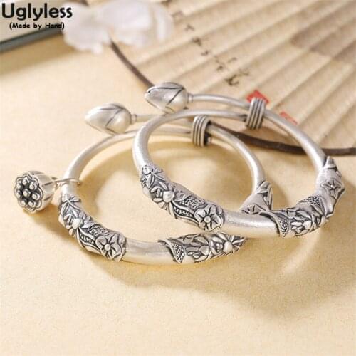 Uglyless Eastern Artistic Handmade Lotus Leaves Jewelry for Women Genuine 990 Pure Silver Lotus Charms Thick Bangles Thai Silver